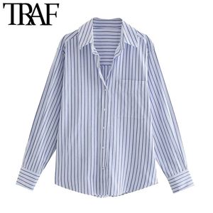 TRAF女性ファッションオフィスウェアストライプルーズブラウスヴィンテージ長袖ポケット女性シャツシックトップ210401