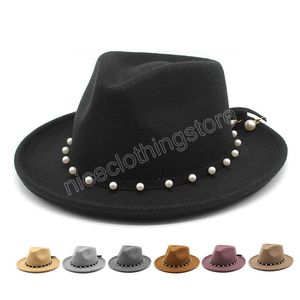 Western Cowboy Hat Unisex Cowgirl Jazz Hat New Pearl Chain Wide Brim Panama Sombrero Cap Gentleman Formal Dress Wedding Fedora Hats