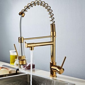 Kitchen Faucets Rose Gold Spring Faucet Pull Out Side Sprayer Dual Spout Single Handle Mixer Tap Sink 360 Rotation