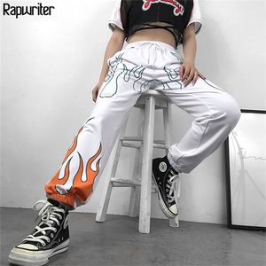 Rapwriter Sıradan Ateş Baskı Elastik Yüksek Bel Pantolon Kadınlar 2020 Yaz Sokak Giyim Harajuku Swearpants Joggers Düz Pantolon Lj201029