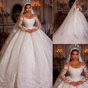 Luxurious Middle East Wedding Dresses Sheer Neck Bridal Gowns Beaded Jewel Pearls Lace Appliques Bridal Dress Custom Made