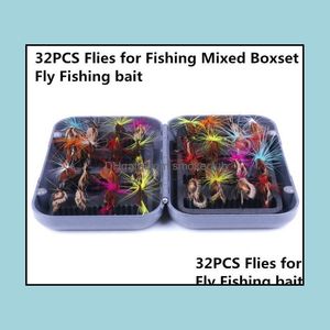 Iscas de iscas de pesca esportes ao ar livre 32pcs moscas para misto boxset fly iscates penas gancho biônico de cores necessárias dro de alta qualidade