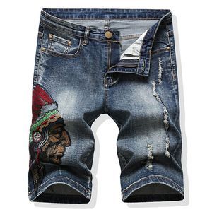 Summer Casual Embroidered Stretch Men's Shorts Retro Blue Indian Short Pants Ripped Streetwear Pantalones cortos de hombre