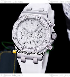 37mm DATUM 26231 MIYOTA QUARTZ CHRONOGRAPH WOMENS Titta p￥ vit textur Dial Stopwatch Steel Case Diamond Bezel White Rubber Strap Fashion Lady Watches Hellowatch