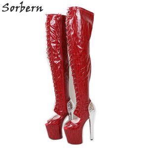 Sorbern Red Snake Peep Toe Enkellaarzen Vrouwen 20cm Hoge Hak Schoen Lace Up Booties Exotic Platform Stripper Schoenen Ins
