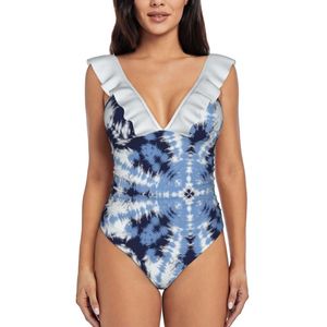 Women's Swimwear Shibori Tie Dye Indigo 21 Print Deep-V Ruffle Swimsuit One Piece Beach Wear Monokini DyeWomen's
