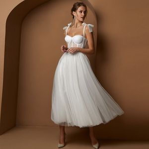 Bow Spaghetti Strap Sheath Wedding Dress Ankle Length A Line Backless Sleeveless Tulle Lace Plus Size Custom Made Simple And Stylish
