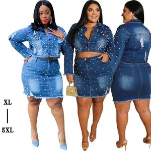 Denim Skirt Bead Womens Plus Size Two Piece Sets Long Sleeve Coat and Bag Hips Skirt Casual Outfits Wholesale Mini Dress 210306