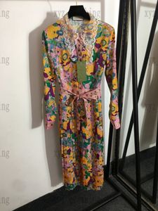 22SS Letnia Designer Silk Dress Moda Damskie Sukienki Z Długim Rękawem Sukienki Bow Tat Dresses Temperament Flower Print Spirts Lace Collar Plus Size S XL Polo Spódnica