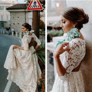 Wedding Boho Dresses Bridal Gown with Long Sleeves Full Lace Scoop Neck Hollow Back Sweep Train Custom Made Plus Size Beach Country Vestido De Novia