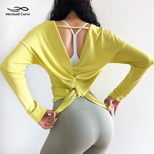 Mermaid Curve Women Loose Long Sleeve Sport T Shirt Fitness Running Shirt Back Fork Opening Bandage Quickdrying Yoga Tops Tees T200401