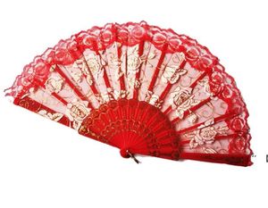 Lace Dance Fan Show Craft Folding Party Favor Fans Rose Flower Design Plastic Frame Silk Hand Fan