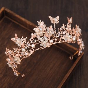 Rose Gold Butterfly Baroque Crown Opaska na głowę Flower Wedding Tiara Kryształowy diadem dla kobiet biżuteria do włosów