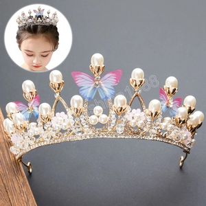 Fashion Gold Silver Color Crystal Crowns For Kids Hair Accessories Girls Butterfly Pearl Tiaras Wedding Hair Accessory Bridal Jewelry