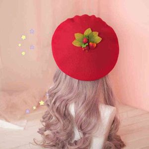 Sweet Strawberry Red Wool Painter Hat Japanese Style Sweet Beautiful Warm Shopping Flat Cap Small Fresh Cute J220722