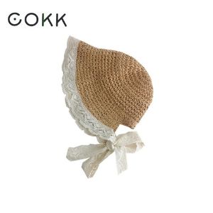 Cokk Summer Hats for Girls Straw With Lace Ribbon Bow Kids Baby Girl Bucket Handmade Children Sun Beach Vacation Y200619