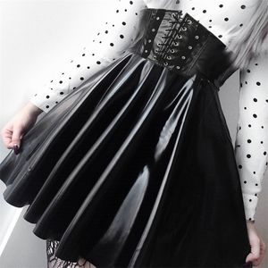 SUCHCUTE Women's Skirts Gothic Harajuku Bandage Faux Leather Korean Fashion Black Mini Pleated Summer Party Pu Saias 220317