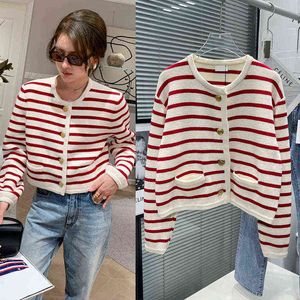 celebrity style red and white stripe round neck gold button long sleeved knitted cardigan thickened sweater jacket short