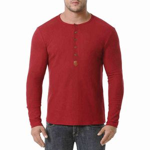 Herren Casual Button Henley Shirt 2022 Herbst neue Waffel Baumwolle T -Shirt Männer schlank Fit Langarm Business Work T -Shirt Männliche Tees L220704