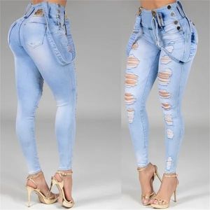 Women Jeans High Waisted Straight Skinny Stretchy Pant Streetwear Ladies Hole Washed Bandage Denim Pencil Pants Trousers 220423