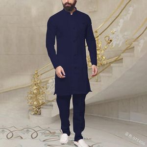 Ethnic Clothing Middle East Men Jubba Thobe Muslim Islamic Long Sleeve Stand Collar Solid Robe Dubai Saudi Arabia Kaftan