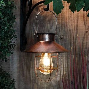 Solar Lantern Lamp Outdoor Hanging Waterproof Vintage Metal Solar Garden Lights with Tungsten Bulb Decorative for Patio Backyard