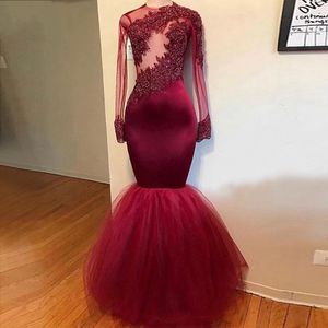 Burgundy Mermaid Prodes 2022アップリケレースハイネックパーティーマキシチュールスカートシート長袖プロムドウンイブニングドレスvestidos de Gala