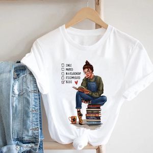 Women's T-Shirt Tshirt Women Tops Tee Reading Books Girl Print Casual Ladies T-Shirts All-match 90s Short Sleeve Kawaii Clothing Female T Sh