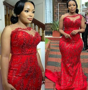 Plus Size Arabic Aso Ebi Mermaid Red Sexy Prom Dresses Sequined Lace Sparkly Evening Formal Party Second Reception Birthday Engagement Gowns Dress Zj221 407