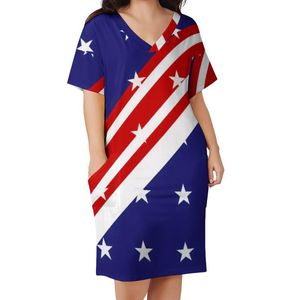 Plus Size Dresses American Flag Red Blue Dress V Neck Stars N Stripes July 4th Cute Woman Aesthetic Print Casual 4XL 5XLPlus