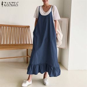 Мода Zanzea Women Denim Blue Sundress Summer Vintage Ruffles повседневные ремешки твердые миди -vestidos sarafans платье комбинезона S 220613