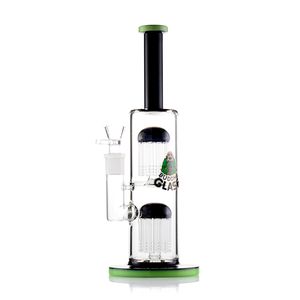 13-tums rak rörspapphoppningsglasbong med grönt munstycke, downstem, dubbel träd perkolatorer, 18 mm kvinnlig fog