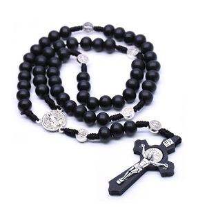 Pendant Necklaces Black Brown Cross Necklace Handmade Wooden Beads Catholic Rosary Neck For Men Woman Christ Prayer Religious JewelryPendant