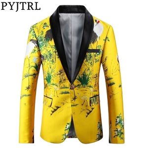 PYJTRL Männer Luxuriöse Jacquard Gelbgold Slim Fit Blazer Chinesischen Stil Mode Casual Anzug Jacke Unterzeichner Kleidung 201104