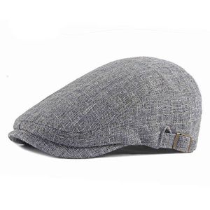 Casual Hat For Men Solid Breattable Cotton Linen Berets Blue Gray Spring Thin Flat Edge Peak Cap Women Simple Newspaper Seller Hats J220722