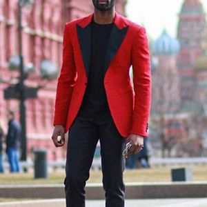 Erkekler Suits Blazers Parçası Balo için Sıradan Erkekler Slim Fit Red Blazer Siyah Pantolon Düğün Düğün