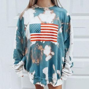 Kvinnors Tröjor 2022 Kvinnor Tie Dyed Amerikanska Flagga Tryckade Överdimensionerade Toppar Långärmad Rund Neck Lossa Casual Pullover Tunna Fas