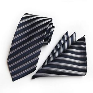Båge slipsar manliga slips och näsduk kostym svart grå rand slips set 100% silk jacquard man