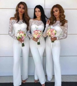 Western Country Jumpsuit Bridesmaid Dresses Lace Off Shoulder White Satin Long Sleeve Sheath Maid Of Honor Dresses Pants BC11165