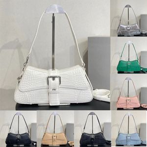 Lindsay pequena bolsa de ombro crocodilo em relevo prata plissada preta aba curva ajustável três ganchos cinto de fivela decorativa com alça de luxo Designe s44X #