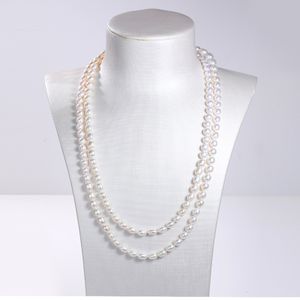 Hand knotted necklace natural 7-8mm white freshwater rice pearl sweater chain nearly oval pearl 48inch