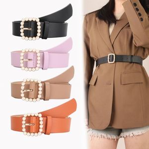 Bälten Summer Jeans/Dress Grace/Sweet For Women Pink Elastic Belt Women's Leather Pu Square Pearl Mönster 2022 Fashion Clothes Beltts