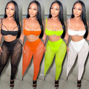 Fashionable Women Pants Suit Sexy Chest Wrap Suspender With Zipper Mesh Perspective Pants Two Piece Set