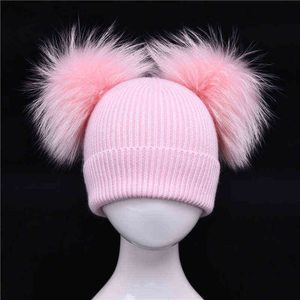 Children Winter Toddler Baby Kids Cashmere Knitted Hat Beanie With 2 Double Real Fur Pom Poms Ears Hat For Boys And Girls J220722