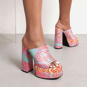 Duży rozmiar 34 43 marka projekt panie mieszane kolory muły moda platforma grube szpilki damskie sandały Party seksowne buty kobieta 220520
