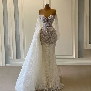 Wholesale sweatheart wedding dresses resale online - Modern White Ivory Lace Wedding Dresses Sweatheart Beads Pearls Long Sleeves Bridal Gowns With Detachable Skirt Luxurious Made