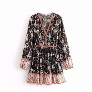 Kvinnor vintage Crane Flower Print Hem ruffles Mini Dress Lags Long Sleeve Patchwork Lace Up Vestidos Casual Slim Dresses DS2972 210325