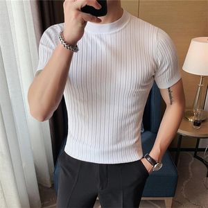 Stil Erkekler Yüksek Sınıf Katı Renk Şerit Örgü T-shirt / Erkek Slim Fit Moda Yüksek Yaka Kısa Kollu T-Shirt Siyah Beyaz 220407