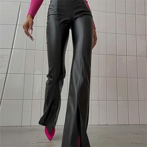 wannathis革の女性フレアパンツハイウエスト伸縮性のあるスプリットフィットネスセクシーなファッションカジュアルブラックパンタロンフェム衣類220607