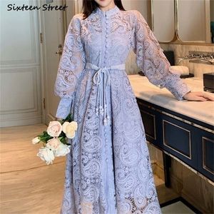 Spring Vintage Dress Woman Purple Lace Single-breasted High Waist Dresses Woman Vestido Long Puff Sleeve Elegant Party Dress 220316